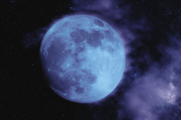 Fototapeta premium Vast cosmic expanse with a luminous blue moon and distant stars