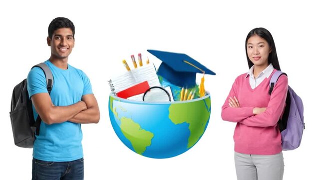 Two confident high school students wearing backpacks stand on either side of a globe filled with educational supplies symbolizing learning journeys