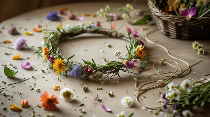 Fototapeta premium Natural Wildflower Wreath on Craft Table with Scattered Meadow Flowers, Handmade Floral Arrangement Process, Rustic Botanical Composition, Slow Living and Seasonal Home Decor