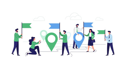 Fototapeta premium Teamwork Navigation Concept: People with Flags and Location Pins