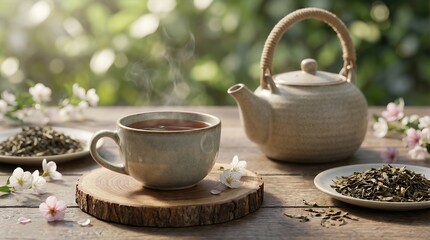 Fototapeta premium Herbal tea cup with steaming beverage on wooden coaster, surrounded by loose tea leaves and flowers, showcasing the calming essence of adaptogenic herbal tea concept