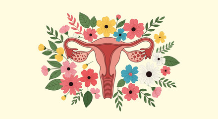 Naklejka premium Educational illustration of the female reproductive system decorated with a beautiful arrangement of colorful blooming flowers.