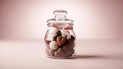 Sweet heart shaped chocolates in a decorative glass jar tied with a delicate pink ribbon