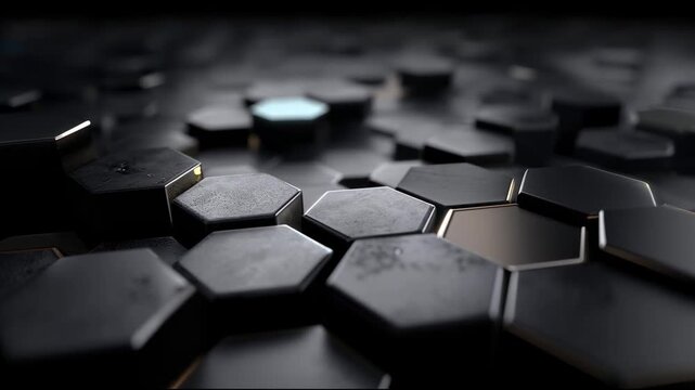 Dark hexagonal prisms form a textured surface where individual segments light up with neon blue light