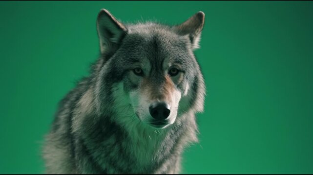 Gray wolf on green screen studio.