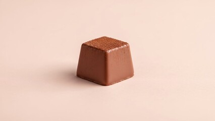 A single, rich chocolate candy sits isolated on a soft, neutral background, evoking indulgence and simple pleasure.