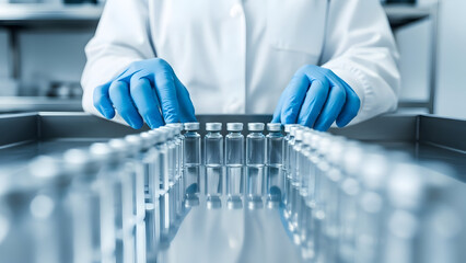 A laboratory worker handling a tray of test tubes in a medical or research setting with gloves and lab coat