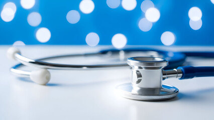 Stethoscope on a white surface with a blue background and white spots