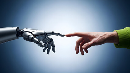 Human and robotic hands reaching out to each other in a symbolic gesture of connection and unity