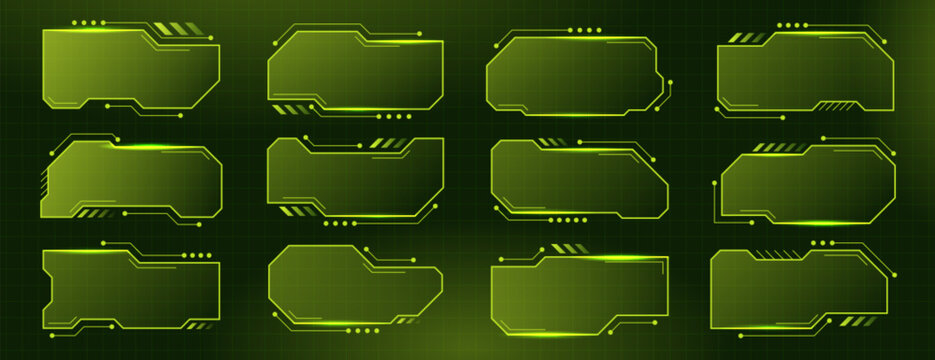 Futuristic hud frames vector set. Abstract science text box hologram borders, sci-fi yellow labels. Digital screen panels, user interface ui elements, high tech modern information titles, callout bars