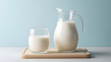 A pitcher and glass of milk on a wooden cutting board