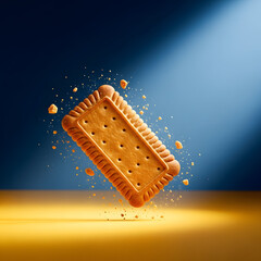 A rectangular biscuit suspended in mid air with crumbs flying around it against a dark blue background with a spotlight shining down