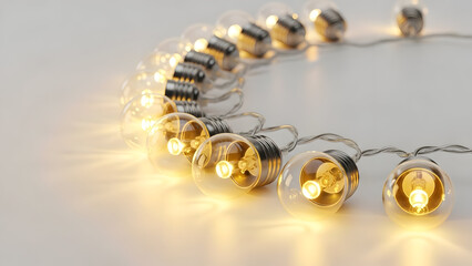 A string of warm golden christmas lights on a white background