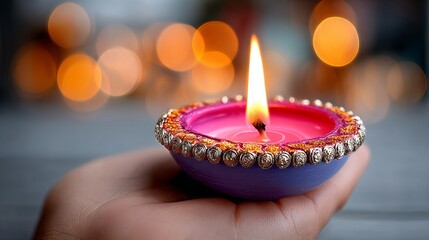 Decorative candle held in hand with warm glowing flame against blurred light background