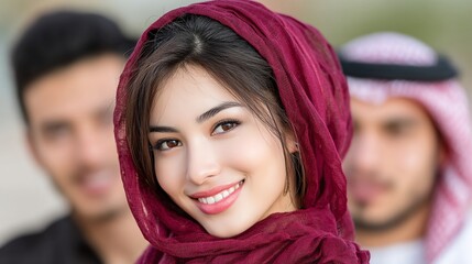 Portrait of a smiling woman wearing a red headscarf with two people in the background