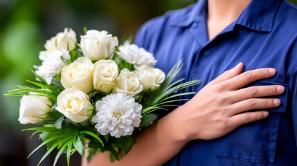 Person holding a bouquet of white roses and dahlias against a background of green foliage
