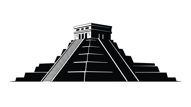 A striking black and white illustration of an ancient mayan pyramid structure