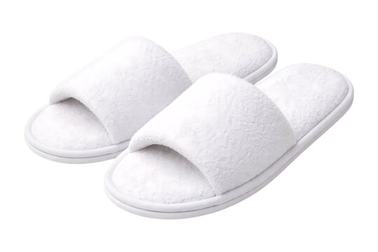 Pair of white terrycloth slippers comfortable footwear for indoors on transparent background