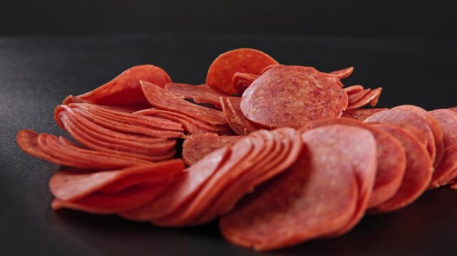 Close up view of tasty red slices of pizza pepperoni, an American Italian, spicy, cured sausage for food prep in slow motion on kitchen table with spices and ingredients for additional eating meals