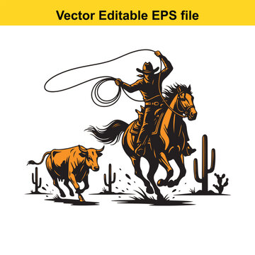  cowboy riding horse with lasso chasing bull in desert landscape vector