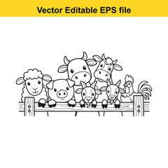Obraz premium vector illustration of farm animals standing on a fence