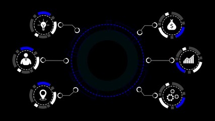 Futuristic business HUD frame with circular data hub and connected icon. Digital technology interface for analytics, management, and strategic planning. Modern abstract dashboard with copy space - Powered by Adobe