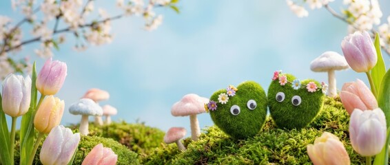 Romantic embrace of green heart characters surrounded by vibrant tulips and mushrooms in sunny nature setting capturing love and playfulness in a whimsical garden scene