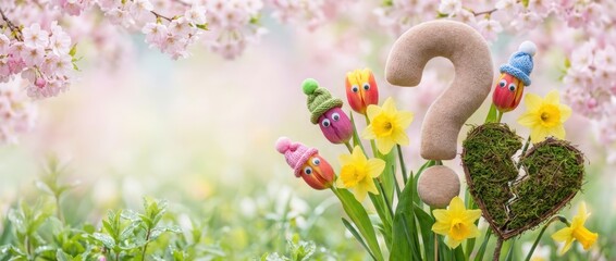 Springtime celebration of joyful flowers with unique decor elements cherry blossom garden vibrant floral composition tranquil nature setting close-up view whimsical concept for seasonal inspiration