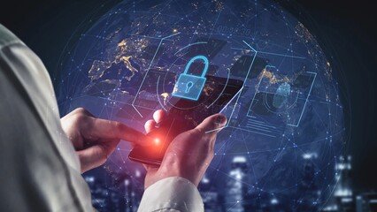 Digital cyber security lock system highlighting data security encryption, cyber password protection, fingerprint ID, cloud storage safety, and cyber security for online access Marrow