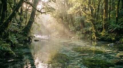 Sunlight filtering through lush green mossy forest over a clear pristine river