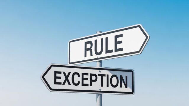 A signpost with two directional signs pointing in opposite directions labeled rule and exception against a blue sky
