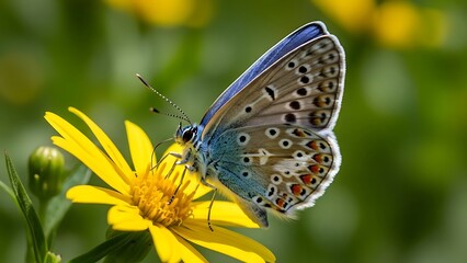 Obraz premium A vibrant blue butterfly, with intricate wing patterns, rests on a bright yellow flower