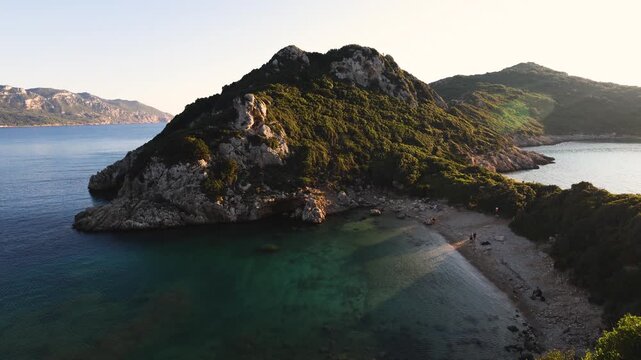 Porto Timoni beach, Agios Georgios, near Afionas village, beautiful Greek landscape, Corfu island, Greece, with turqoise water and sea beach, Kerkyra, Ionian sea islands, summer sunny day
