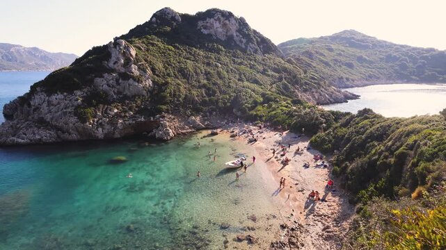 Porto Timoni beach, Agios Georgios, near Afionas village, beautiful Greek landscape, Corfu island, Greece, with turqoise water and sea beach, Kerkyra, Ionian sea islands, summer sunny day
