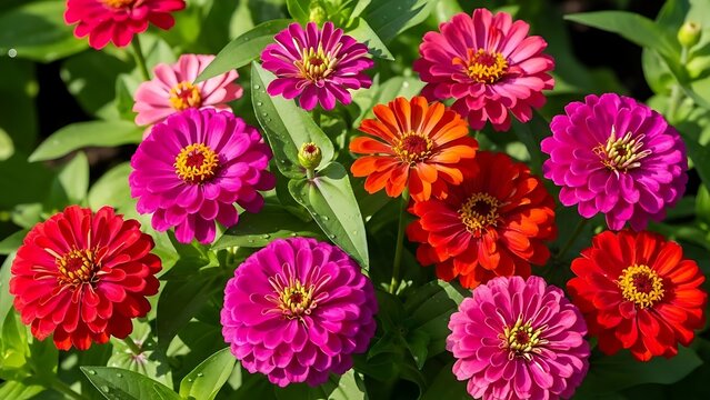 A vibrant close-up of a cluster of colorful zinnia flowers blooming in a sunny garden setting