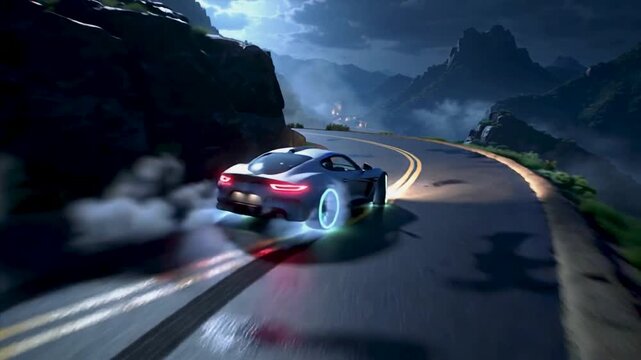 Silver sports car with glowing neon wheels drifting on a winding mountain road at night with a scenic valley background