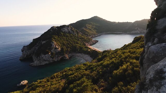 Porto Timoni beach, Agios Georgios, near Afionas village, beautiful Greek landscape, Corfu island, Greece, with turqoise water and sea beach, Kerkyra, Ionian sea islands, summer sunny day
