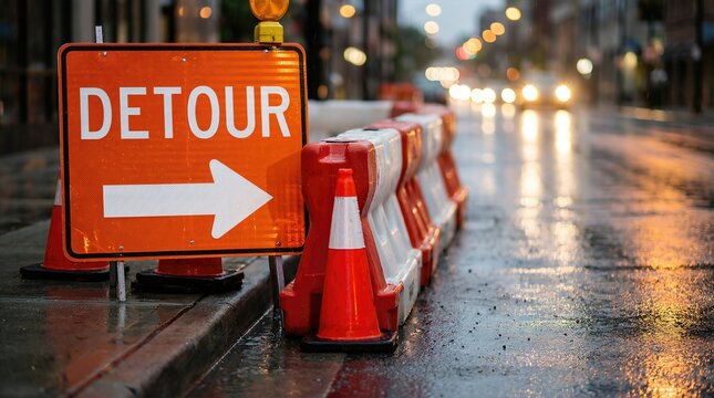 Bright orange detour sign with an arrow pointing right, surrounded by traffic cones on a wet street, illuminated by city lights in a rainy urban environment