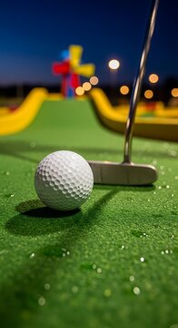 Mini Golf Focus - Ball and Putter on the Green Course.