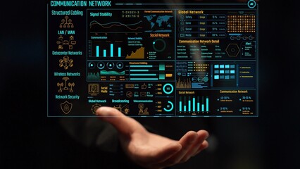 Data center monitoring dashboard visualize network performance, connection status, usage rate, and telecommunication insight. Data center monitoring efficiency improvement network transparency. Thunk