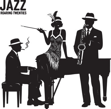 Jazz musicians and a woman in a flapper dress from the Roaring Twenties also transparent background saxophonist
