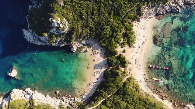 Porto Timoni beach, Agios Georgios, near Afionas village, beautiful Greek landscape, Corfu island, Greece, with turqoise water and sea beach, Kerkyra, Ionian sea islands, summer sunny day
