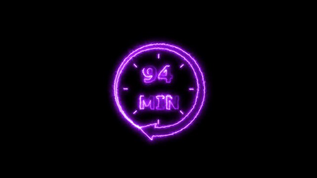 Clock icon 24 Hour Day Fast Speed neon bright purple color animation. Digital clock time rotation 94 minute black background 4k video.