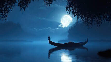 Lonely Boat on Calm Lake Under Bright Full Moon at Night