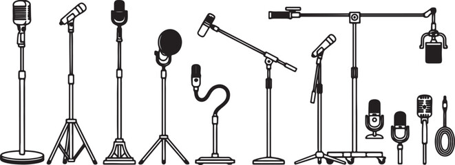 Various types of microphones and stands in black and white line also transparent background microphone stand © Pixel With MH