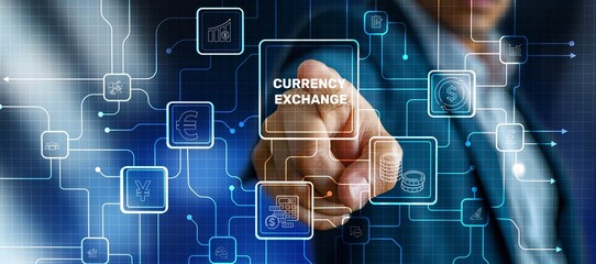 Currency technology concept. Transaction currency exchange, blockchain technology. International money transfer, banking payment