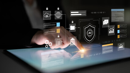 A businessman interacts with a digital interface, showcasing security features and data analytics, highlighting the importance of technology in modern work environments. Gantry