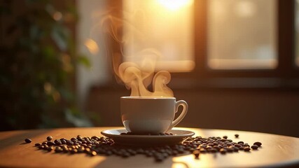 Steaming coffee cup on wooden table with beans scattered, morning light streaming through window, cozy cafe atmosphere, warm brown tones