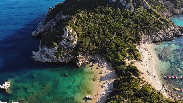 Porto Timoni beach, Agios Georgios, near Afionas village, beautiful Greek landscape, Corfu island, Greece, with turqoise water and sea beach, Kerkyra, Ionian sea islands, summer sunny day
