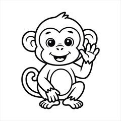 Fototapeta premium Cartoon monkey waving hello with a smile animal black and white